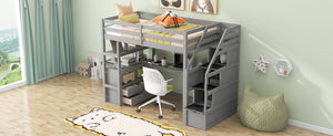 English Elm Twin Loft Bed with Desk, Shelves, Storage Staircase and Two Drawers — Space-Saving Pine Frame, Durable Gray GX000425AAE