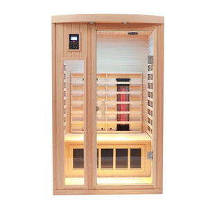 English Elm Two Person Far Infrared Sauna Cabin in Low Emf Hemlock Wood for Home Wellness W1787103635