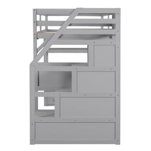 English Elm Twin Loft Bed with Desk, Shelves, Storage Staircase and Two Drawers — Space-Saving Pine Frame, Durable Gray GX000425AAE