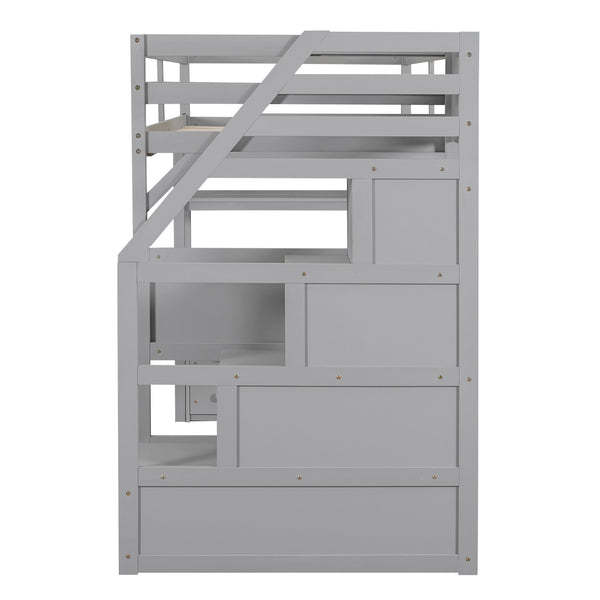 English Elm Twin Loft Bed with Desk, Shelves, Storage Staircase and Two Drawers — Space-Saving Pine Frame, Durable Gray GX000425AAE