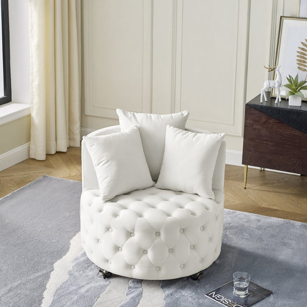 English Elm Velvet Button Tufted Swivel Accent Chair with Caster Wheels and Three Throw Pillows Beige W48790918