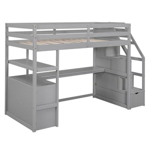 English Elm Twin Loft Bed with Desk, Shelves, Storage Staircase and Two Drawers — Space-Saving Pine Frame, Durable Gray GX000425AAE