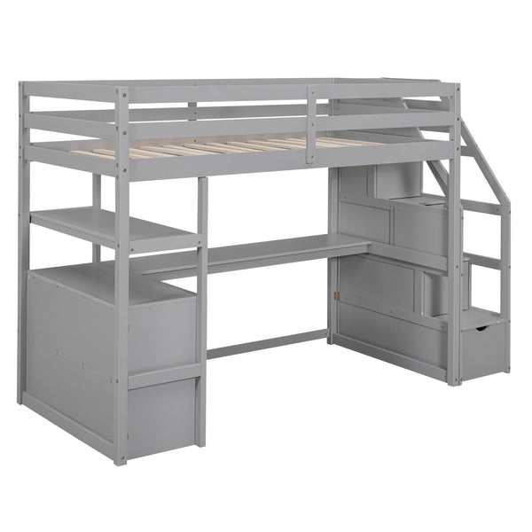 English Elm Twin Loft Bed with Desk, Shelves, Storage Staircase and Two Drawers — Space-Saving Pine Frame, Durable Gray GX000425AAE