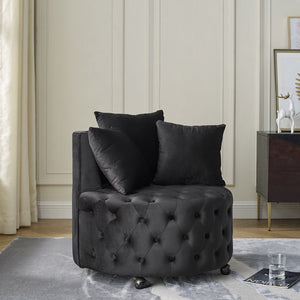 English Elm Velvet Button Tufted Swivel Accent Chair with Caster Wheels and Three Throw Pillows Black W48790917