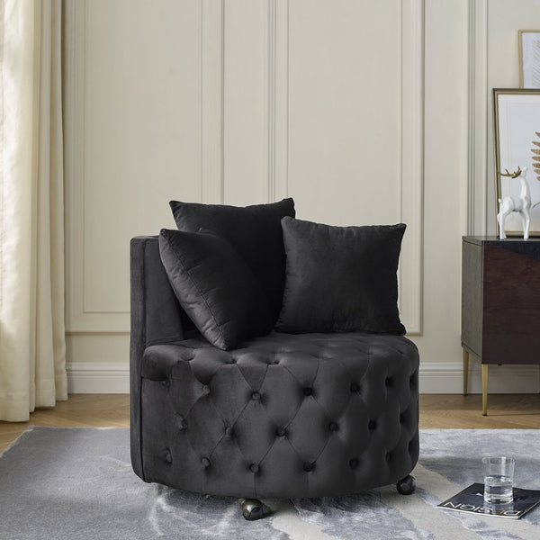 English Elm Velvet Button Tufted Swivel Accent Chair with Caster Wheels and Three Throw Pillows Black W48790917