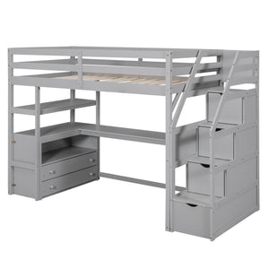 English Elm Twin Loft Bed with Desk, Shelves, Storage Staircase and Two Drawers — Space-Saving Pine Frame, Durable Gray GX000425AAE