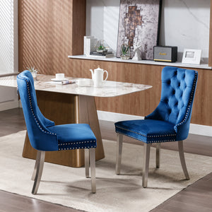 English Elm Nikki Velvet Tufted Dining Chair Set of 2 — Blue Upholstered Solid Wood Frame, Chrome Legs & Nailhead Trim W114390339