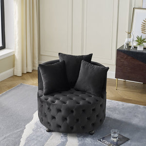 English Elm Velvet Button Tufted Swivel Accent Chair with Caster Wheels and Three Throw Pillows Black W48790917