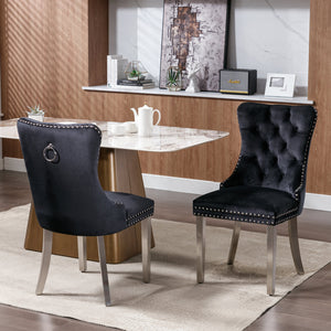 English Elm Nikki Velvet Tufted Dining Chair Set of 2 – Solid Wood Frame, Chrome Plated Legs, Nailhead Trim, Black Velvet Upholstery for Modern Dining Room Comfort and Style W114352492