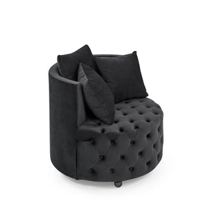 English Elm Velvet Button Tufted Swivel Accent Chair with Caster Wheels and Three Throw Pillows Black W48790917