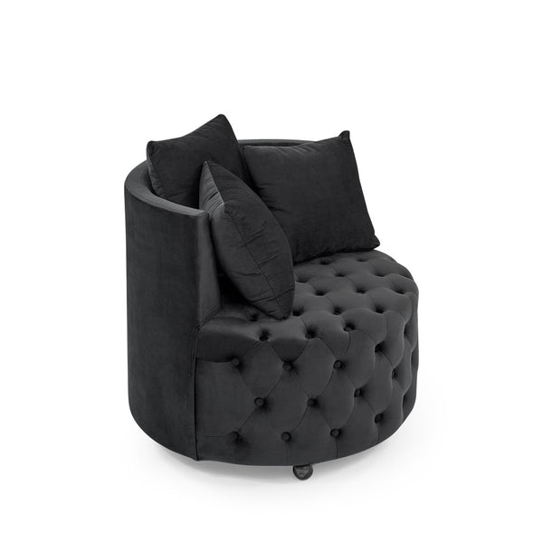 English Elm Velvet Button Tufted Swivel Accent Chair with Caster Wheels and Three Throw Pillows Black W48790917