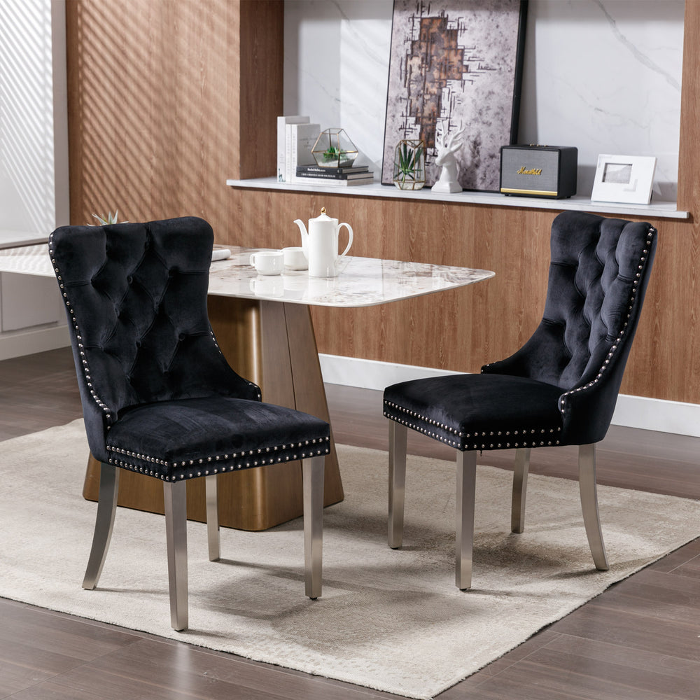 English Elm Nikki Velvet Tufted Dining Chair Set of 2 — Solid Wood Frame, Nailhead Trim, Chrome Legs, Black Elegance W114352492
