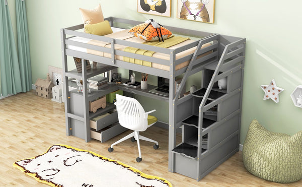 English Elm Twin Loft Bed with Desk, Shelves, Storage Staircase and Two Drawers — Space-Saving Pine Frame, Durable Gray GX000425AAE