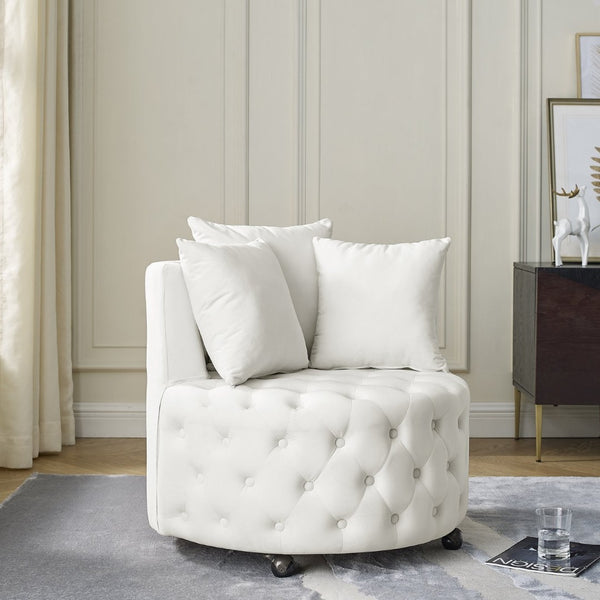 English Elm Velvet Button Tufted Swivel Accent Chair with Caster Wheels and Three Throw Pillows Beige W48790918