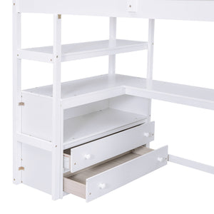 English Elm Twin Loft Bed with Desk, Shelves, Storage Staircase and Two Drawers — Space-Saving Pine Frame, Durable White GX000425AAK