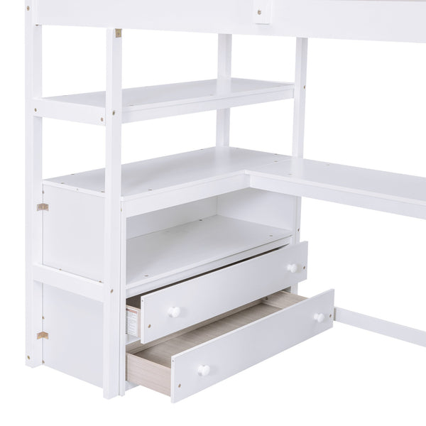 English Elm Twin Loft Bed with Desk, Shelves, Storage Staircase and Two Drawers — Space-Saving Pine Frame, Durable White GX000425AAK