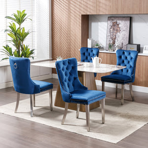 English Elm Nikki Velvet Tufted Dining Chair Set of 2 — Blue Upholstered Modern Solid Wood Seats with Chrome Legs, Nailhead Trim W114390339