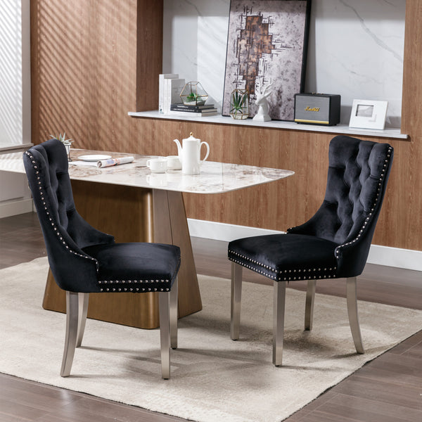 English Elm Nikki Velvet Tufted Dining Chair Set of 2 – Solid Wood Frame, Chrome Plated Legs, Nailhead Trim, Black Velvet Upholstery for Modern Dining Room Comfort and Style W114352492