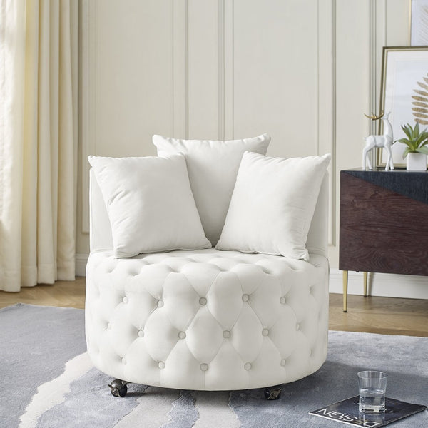 English Elm Velvet Button Tufted Swivel Accent Chair with Caster Wheels and Three Throw Pillows Beige W48790918
