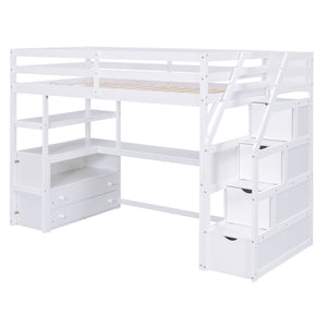English Elm Twin Loft Bed with Desk, Shelves, Storage Staircase and Two Drawers — Space-Saving Pine Frame, Durable White GX000425AAK