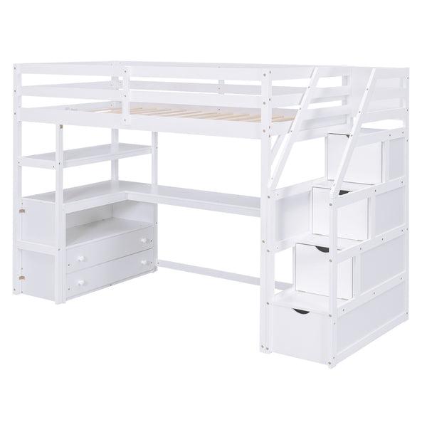 English Elm Twin Loft Bed with Desk, Shelves, Storage Staircase and Two Drawers — Space-Saving Pine Frame, Durable White GX000425AAK