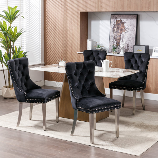 English Elm Nikki Velvet Tufted Dining Chair Set of 2 – Solid Wood Frame, Chrome Plated Legs, Nailhead Trim, Black Velvet Upholstery for Modern Dining Room Comfort and Style W114352492