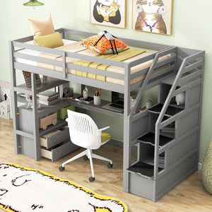 English Elm Twin Loft Bed with Desk, Shelves, Storage Staircase and Two Drawers — Space-Saving Pine Frame, Durable Gray GX000425AAE