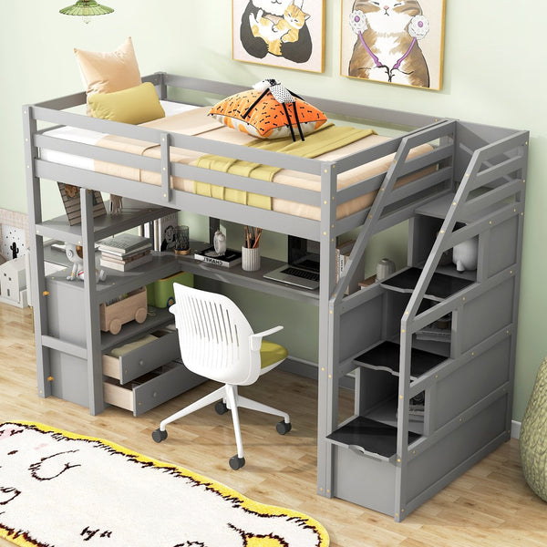 English Elm Twin Loft Bed with Desk, Shelves, Storage Staircase and Two Drawers — Space-Saving Pine Frame, Durable Gray GX000425AAE