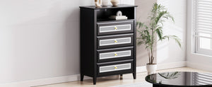 English Elm On-trend Rattan Panel 4 Drawer Dresser Black Mdf Cabinet Gold Pulls Bedroom Storage WF303857AAB