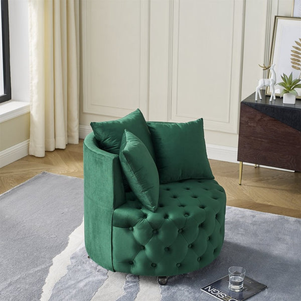 English Elm Velvet Button Tufted Swivel Chair with Caster Wheels and Three Throw Pillows Included W48790919