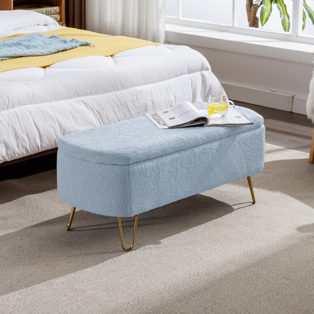 English Elm Blue Faux Fur Storage Bench Pleated Upholstery Gold Legs Modern Bedroom Entryway W1170104171