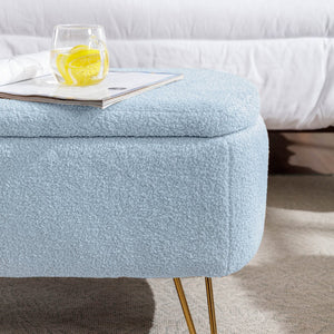 English Elm Blue Faux Fur Storage Bench Pleated Upholstery Gold Legs Modern Bedroom Entryway W1170104171