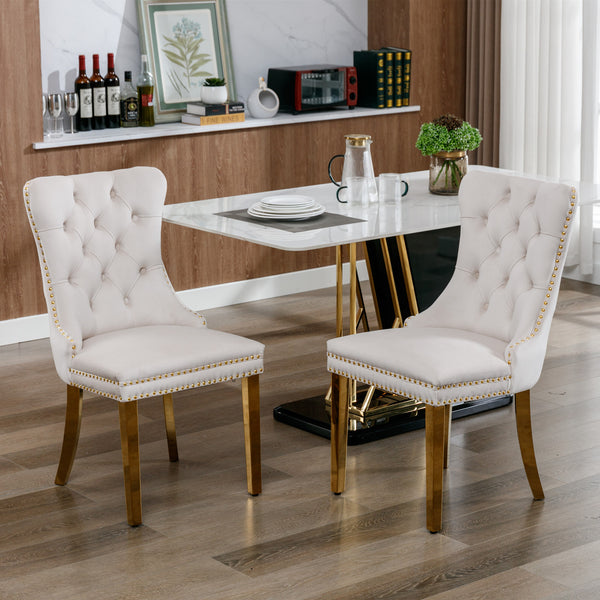 English Elm A&A Velvet Tufted Dining Chairs Set of 2 — Modern Beige Upholstered Seats with Gold Stainless Legs W114391507