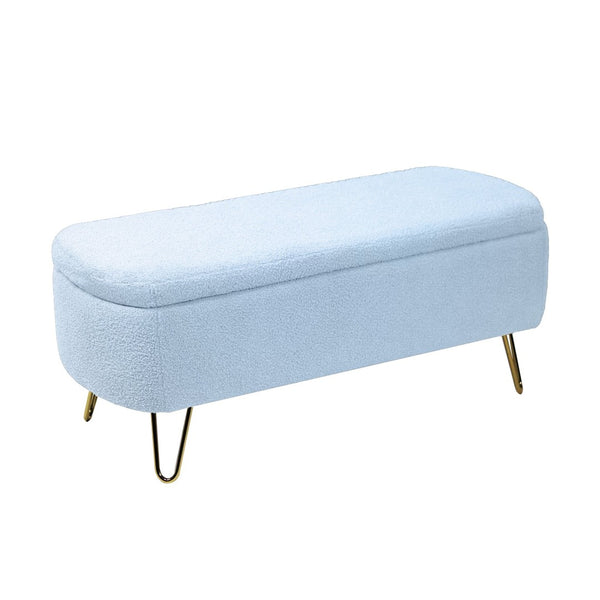English Elm Blue Faux Fur Storage Bench Pleated Upholstery Gold Legs Modern Bedroom Entryway W1170104171