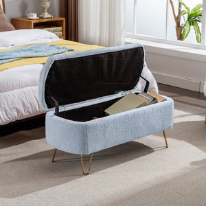English Elm Blue Faux Fur Storage Bench Pleated Upholstery Gold Legs Modern Bedroom Entryway W1170104171
