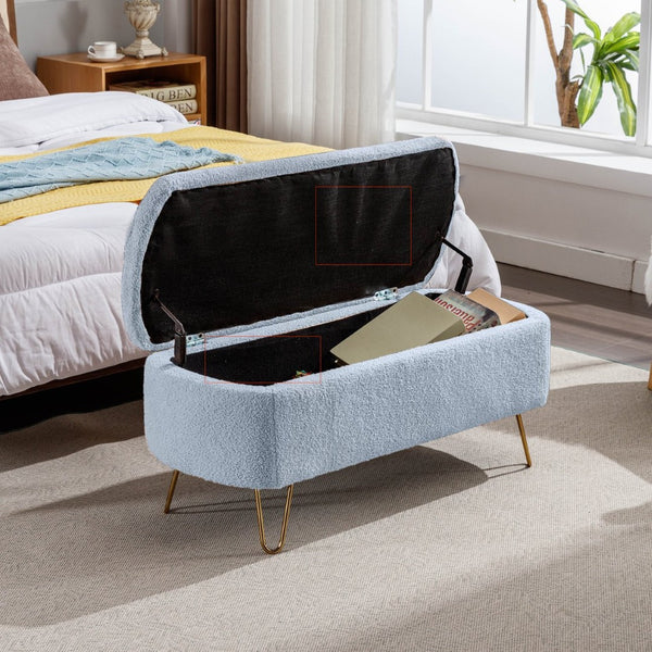 English Elm Blue Faux Fur Storage Bench Pleated Upholstery Gold Legs Modern Bedroom Entryway W1170104171