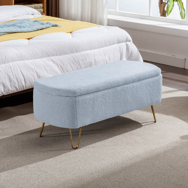 English Elm Blue Faux Fur Storage Bench Pleated Upholstery Gold Legs Modern Bedroom Entryway W1170104171