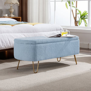 English Elm Blue Faux Fur Storage Bench Pleated Upholstery Gold Legs Modern Bedroom Entryway W1170104171