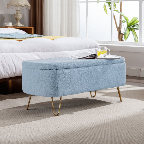 English Elm Blue Faux Fur Storage Bench Pleated Upholstery Gold Legs Modern Bedroom Entryway W1170104171
