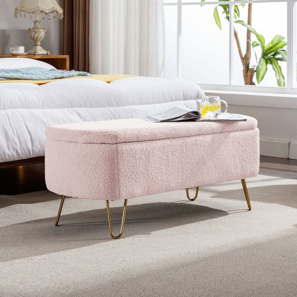English Elm Blue Faux Fur Storage Bench Pleated Upholstery Gold Legs Modern Bedroom Entryway W1170104172