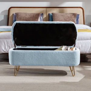 English Elm Blue Faux Fur Storage Bench Pleated Upholstery Gold Legs Modern Bedroom Entryway W1170104171
