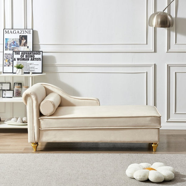 English Elm Modern Velvet Chaise Lounge with Hidden Storage Gold Legs Bedroom Accent Chair Beige W1097102811