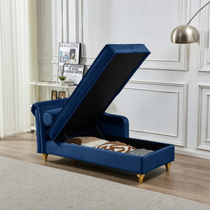 English Elm Modern Velvet Chaise Lounge with Hidden Storage Gold Legs Bedroom Accent Chair Navy Blue W1097102814