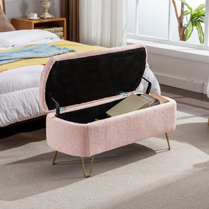 English Elm Blue Faux Fur Storage Bench Pleated Upholstery Gold Legs Modern Bedroom Entryway W1170104172
