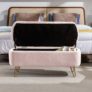 English Elm Blue Faux Fur Storage Bench Pleated Upholstery Gold Legs Modern Bedroom Entryway W1170104172