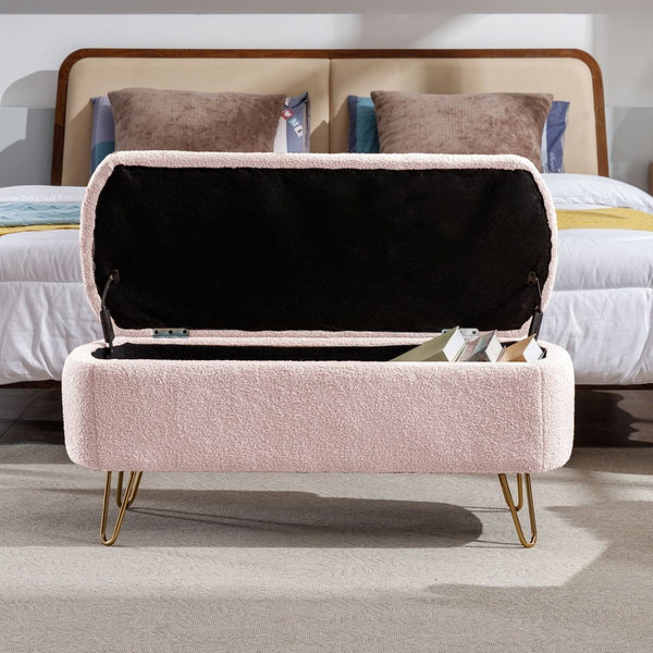 English Elm Blue Faux Fur Storage Bench Pleated Upholstery Gold Legs Modern Bedroom Entryway W1170104172