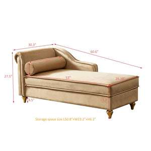 English Elm Modern Velvet Chaise Lounge with Hidden Storage Gold Legs Bedroom Accent Chair Khaki W1097102810