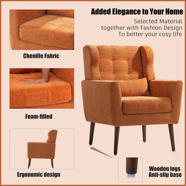 English Elm Modern Accent Chair with Chenille Upholstery, Ergonomic Padded Seat & Solid Wood Legs for Living Rooms Orange W1028102392