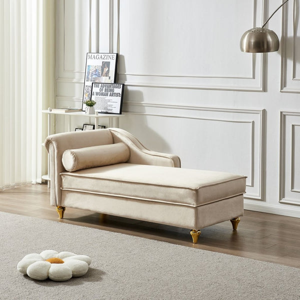 English Elm Modern Velvet Chaise Lounge with Hidden Storage Gold Legs Bedroom Accent Chair Beige W1097102811