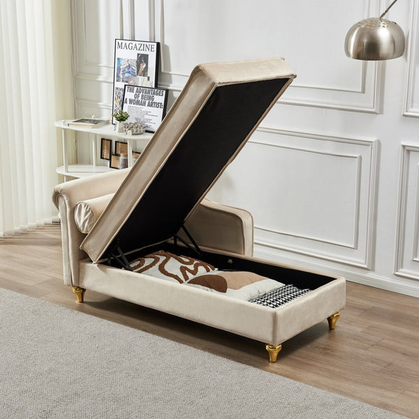 English Elm Modern Velvet Chaise Lounge with Hidden Storage Gold Legs Bedroom Accent Chair Beige W1097102811